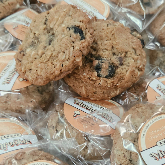 A close-up pile of packaged chocolate chip cookies in clear plastic bags with round peach-and-white labels. The label reads 'Avalanche.'