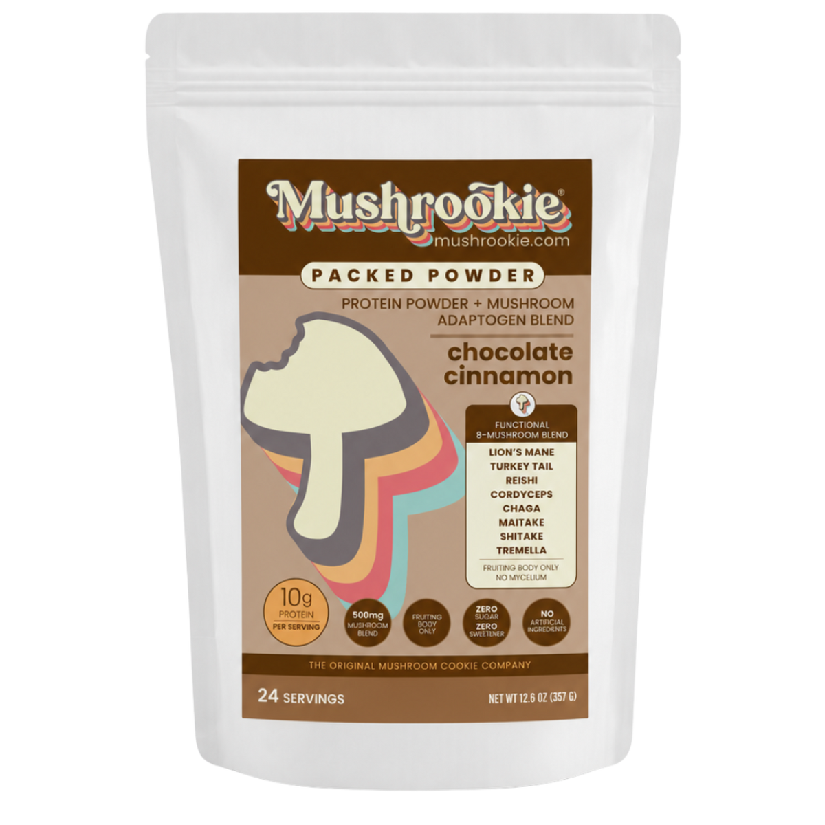 A white stand-up pouch of Mushrookie Packed Powder chocolate cinnamon mushroom powder and mushroom blend, featuring a brown label with a mushroom graphic and serving size 24.
